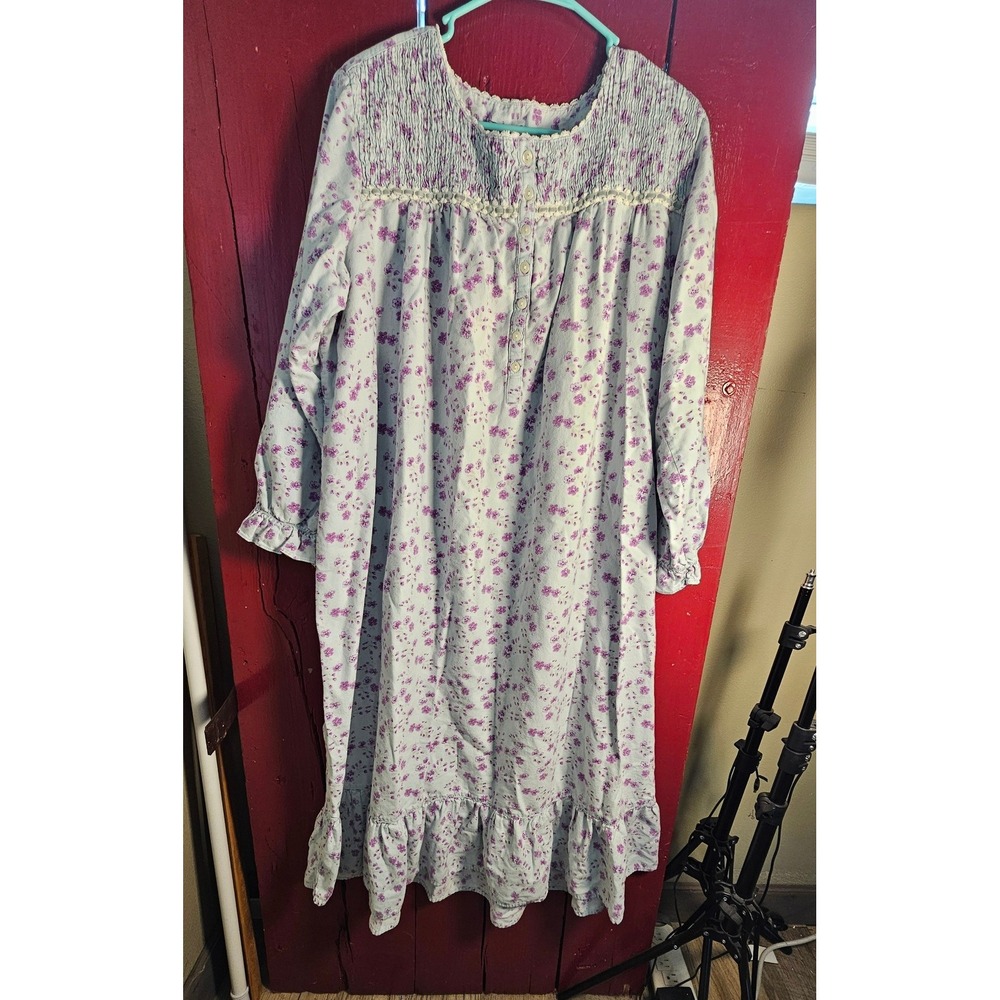 Laura Scott Womens 1X Blue Purple Floral Cotton Flannel Nightgown Long Sleeve